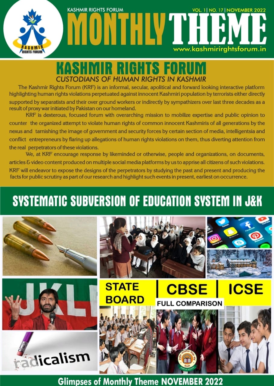 A preview of Monthly Theme November 2022 composing a detailed report on systematic subversion of education system in J&K.