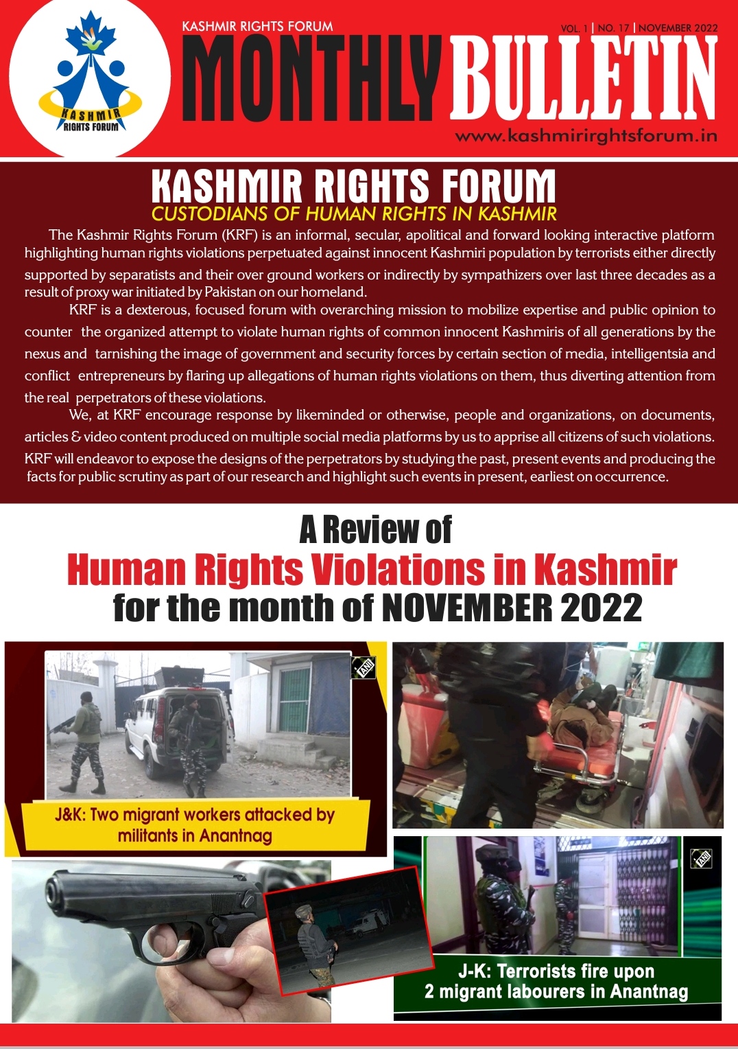 A preview of the Monthly Bulletin November 2022 comprising of Human Rights Violations in Kashmir at hands of terrorists.
