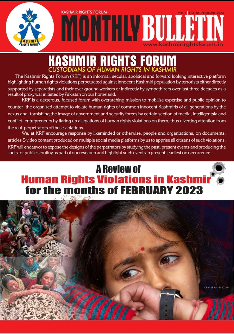 A preview of the Monthly Bulletin February 2023 comprising of Human Rights Violations in Kashmir at hands of terrorists.
