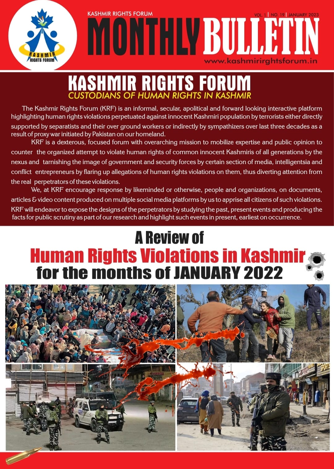 A preview of the Monthly Bulletin January 2023 comprising of Human Rights Violations in Kashmir at hands of terrorists.