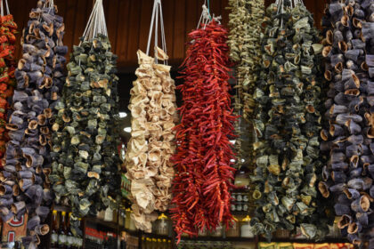 Dried vegetables hanging in a local market in Srinagar. These are used as food by Kashmiris.