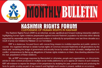 A preview of Monthly Bulletin Oct - Nov 2023 comprising of Human Rights Violations by terrorists in Kashmir.