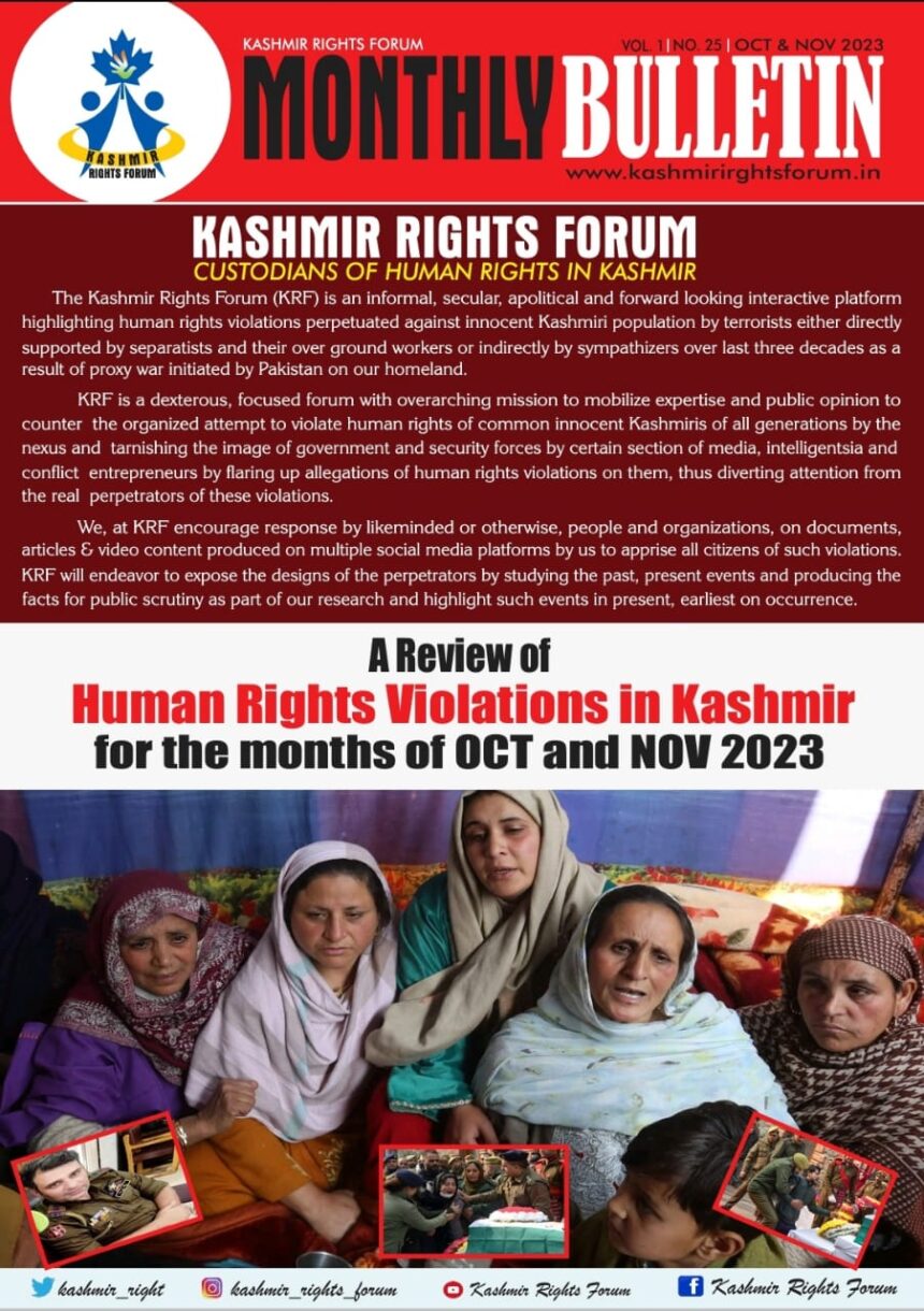 A preview of Monthly Bulletin Oct - Nov 2023 comprising of Human Rights Violations by terrorists in Kashmir.