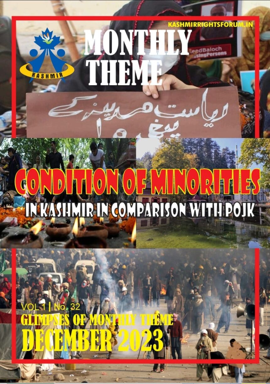 A preview of Monthly Theme 2023 carrying a report on Condition of Minorities in Kashmir in comparison with POJK.