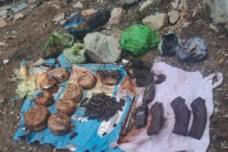 Amrs and Ammunition recovered from Azmatabad rajouri after a terrorist hideout was busted ina joint operation by security forces.