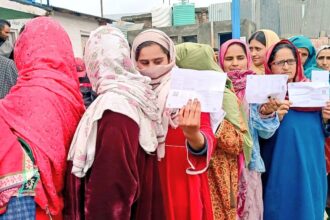 People are gathered to vote for their candidates in Parliamentary Elections in Pulwama Kashmir.