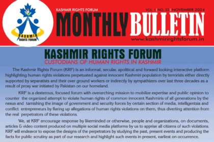 In Pic: A cover page of Monthly Bulletin November 2024 published by Kashmir Rights Forum