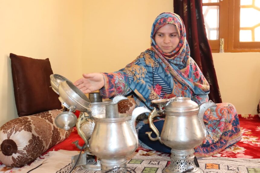 In Pic: The image depicts a Kashmiri Samovar, a traditional kettle intricately designed for brewing, boiling, and serving tea and Kehwa. This elegant vessel, commonly found in Kashmiri households, showcases the rich cultural heritage of the region.